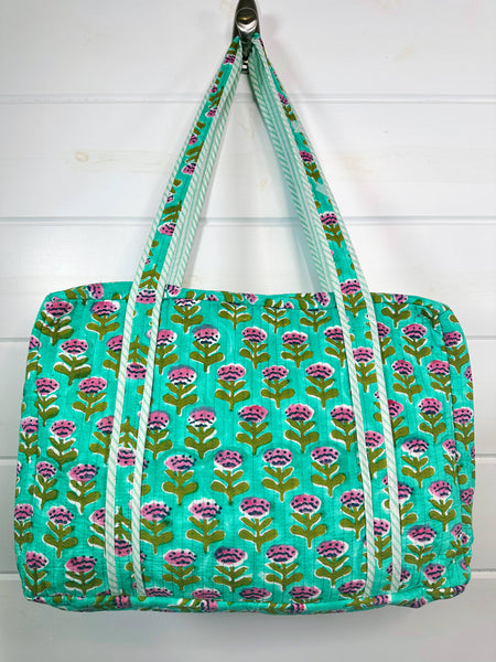 Aqua Floral Print  Weekender Overnight Travel Bag -