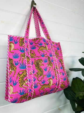 Quilted Tote Bag | Pink Tiger Tote | Large Shopping Tote Bag