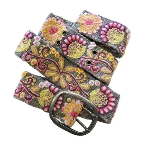 Floral Embroidered Wool Belt - Small Heather Gray