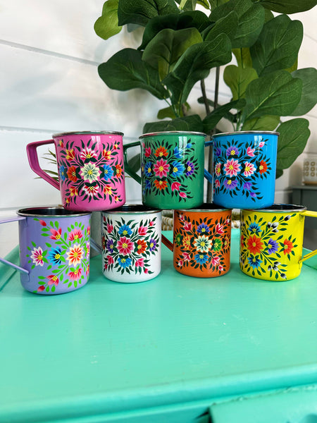 Purple. Hand Painted Floral Stainless Steel Camping Mugs Cups: