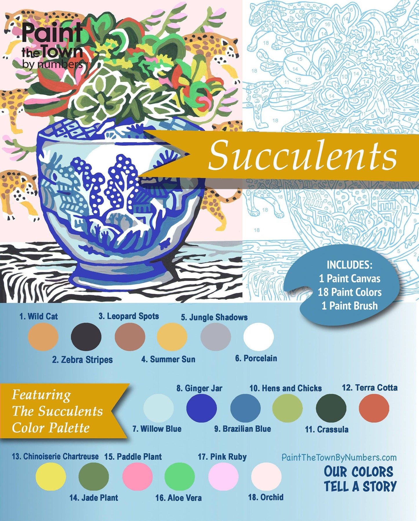Succulents Paint by Number Kit ~ 8”x10” ~ Chinoiserie