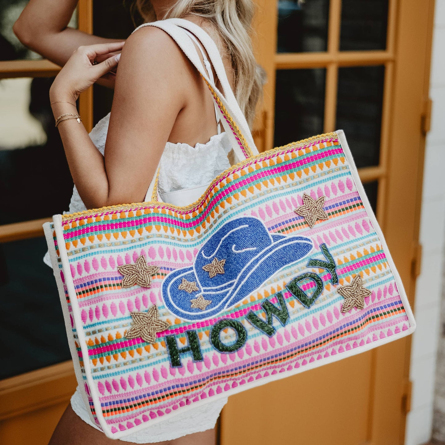 HOWDY Cowgirl Hat Striped Tote Bag: Multicolored