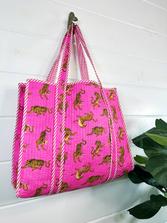 Bright Pink Tigers - Cotton Quilted Large Shopping Tote Bag