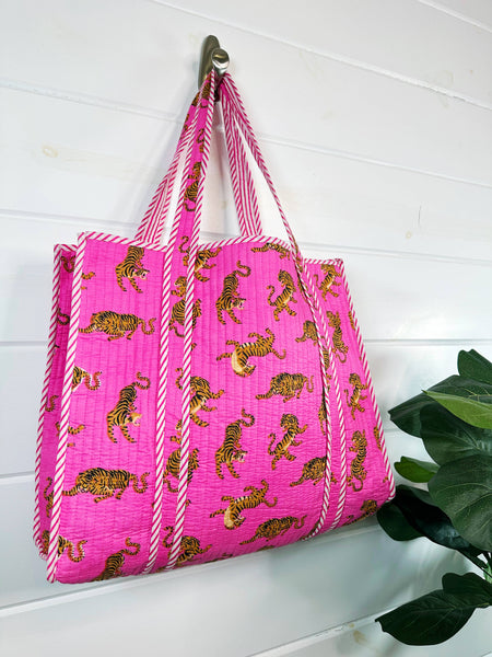 Bright Pink Tigers - Cotton Quilted Large Shopping Tote Bag