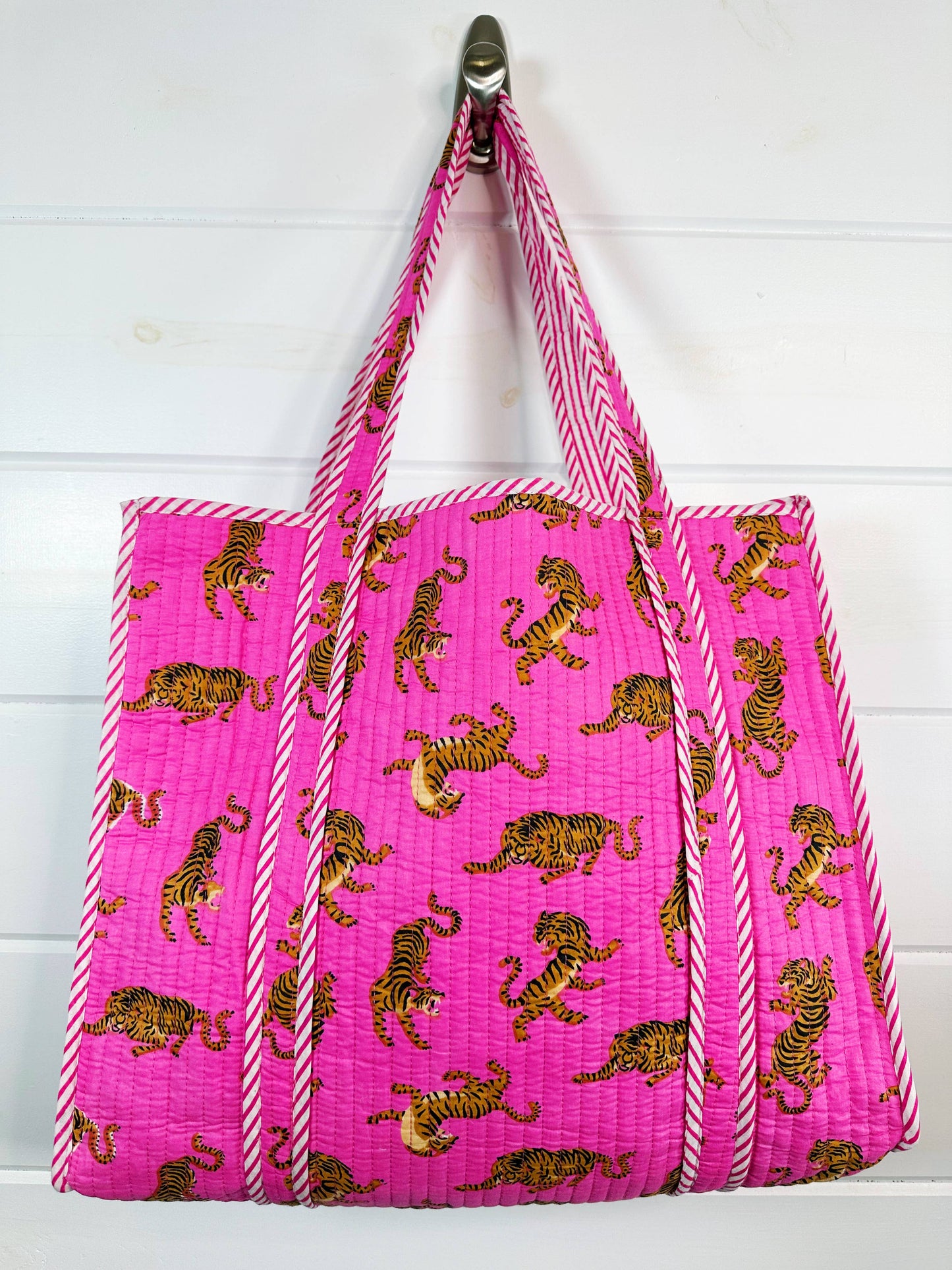 Bright Pink Tigers - Cotton Quilted Large Shopping Tote Bag