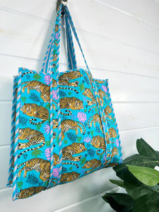 Quilted Tote Bag | Aqua Tiger Tote | Large Shopping Tote Bag