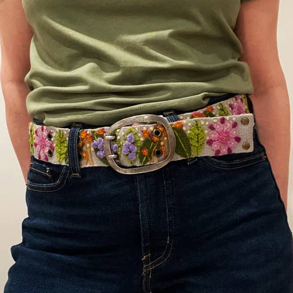 Floral Embroidered Wool Belt: Large