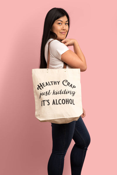 Healthy Crap Tote Bag (wine grocery, alcohol canvas, leather