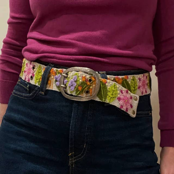 Floral Embroidered Wool Belt: Large