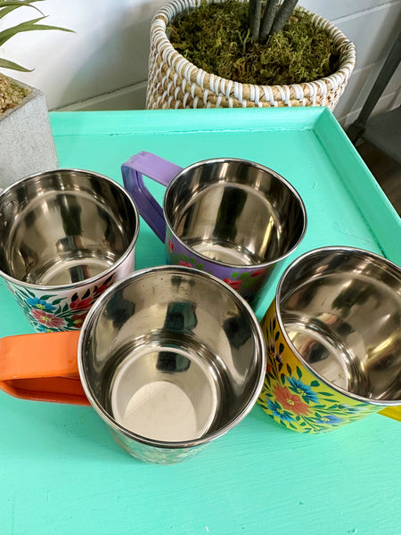 Yellow Hand Painted Floral Stainless Steel Camping Mugs Cups: