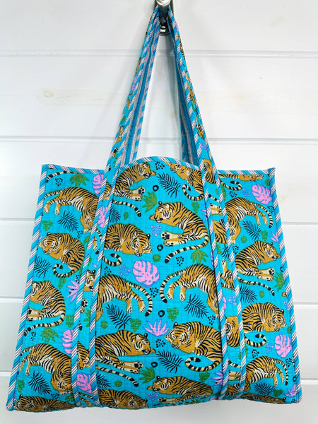 Quilted Tote Bag | Aqua Tiger Tote | Large Shopping Tote Bag