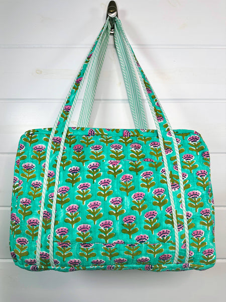 Aqua Floral Print  Weekender Overnight Travel Bag -