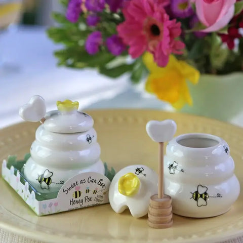 "Sweet as Can Bee" Ceramic Honey Pot With Wooden Dipper - small 3oz