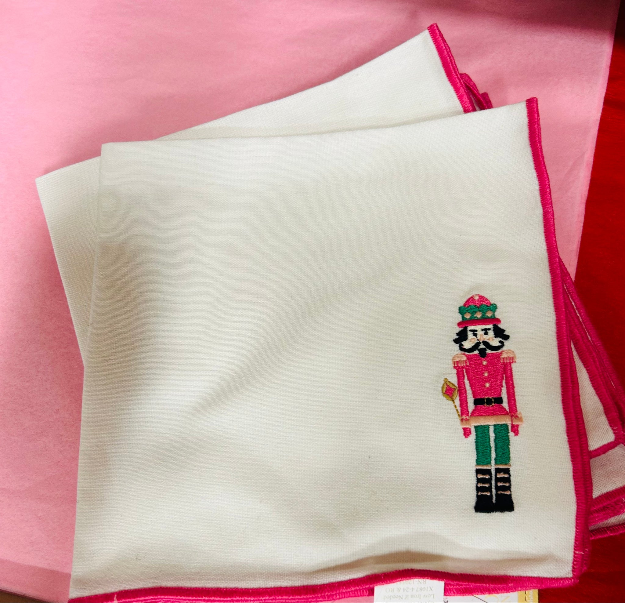 Nutcracker Embroidered Napkin White/Hot Pink 18x18