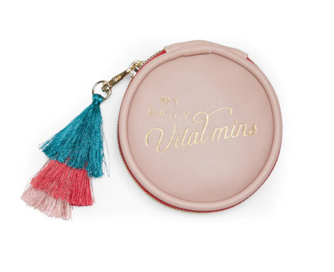 Pink "Daily Vital-Mins" Travel Pill Case with Tassel
