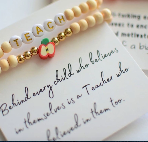 Natural Wood Bead Teacher Apple Charm Bracelet Stack with CARD