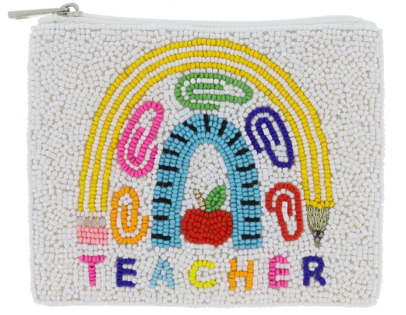 "Teacher" White Beaded Coin Purse