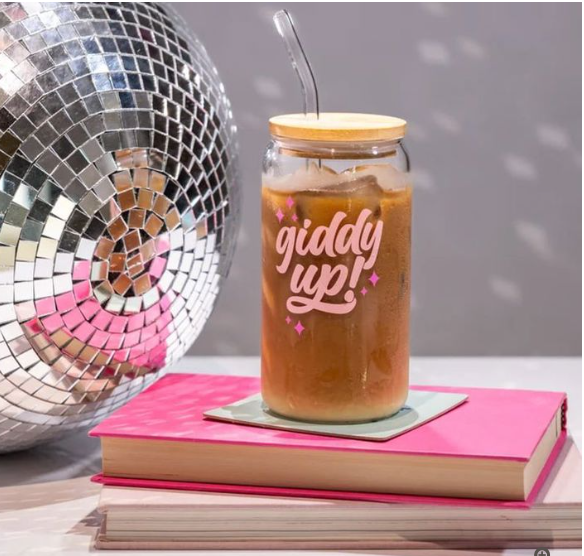 Giddy Up! Glass Cup w/ Lid and Straw