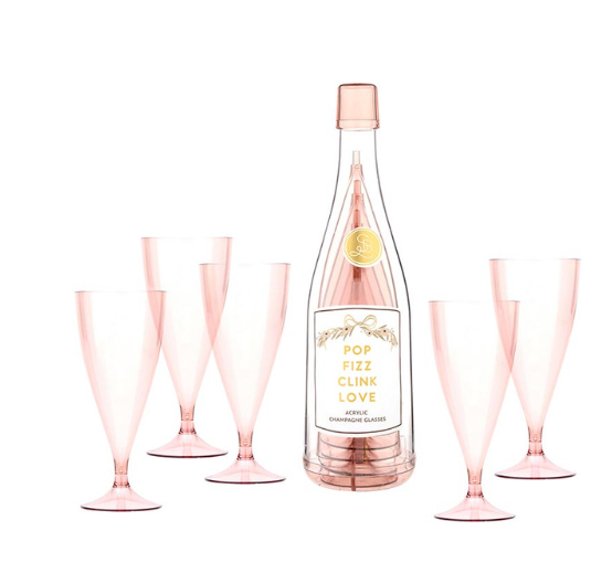 Acrylic Champagne Bottle + Glasses - Pop Fizz Clink Love