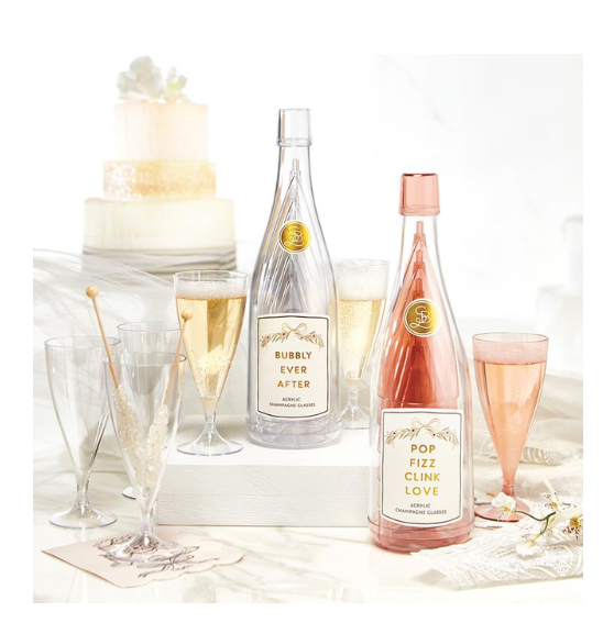Acrylic Champagne Bottle + Glasses - Pop Fizz Clink Love