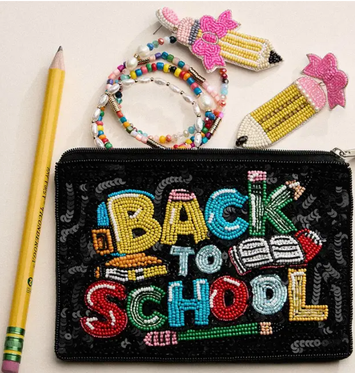 Back To School Message Sequin Seed Beaded Mini Pouch Bag