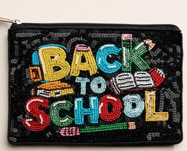 Back To School Message Sequin Seed Beaded Mini Pouch Bag