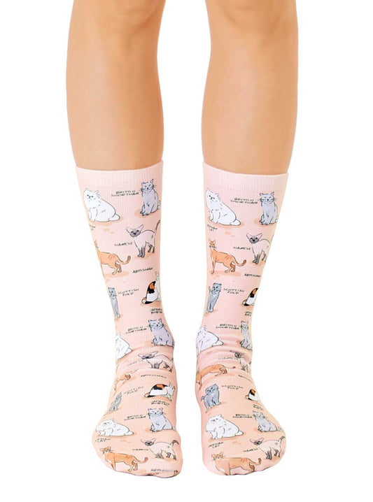 Novelty Graphic Crew Socks - Kitty Cat Breeds - Peach
