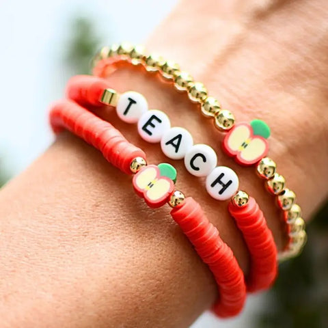 Red Apple Charm Teacher Appreciation Gift bracelet Stack with Card