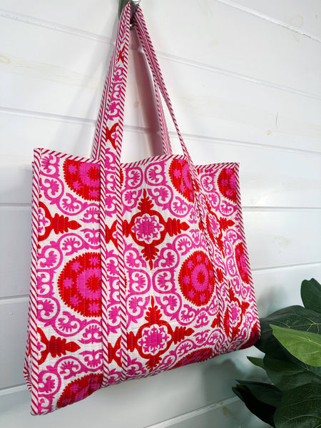 Pink Red -Cotton Quilted Tote Bag Block Print Beach Bags -