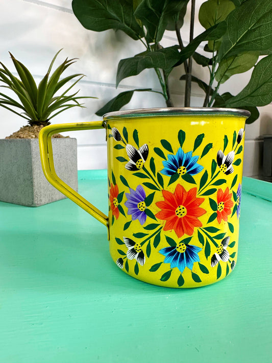 Yellow Hand Painted Floral Stainless Steel Camping Mugs Cups: