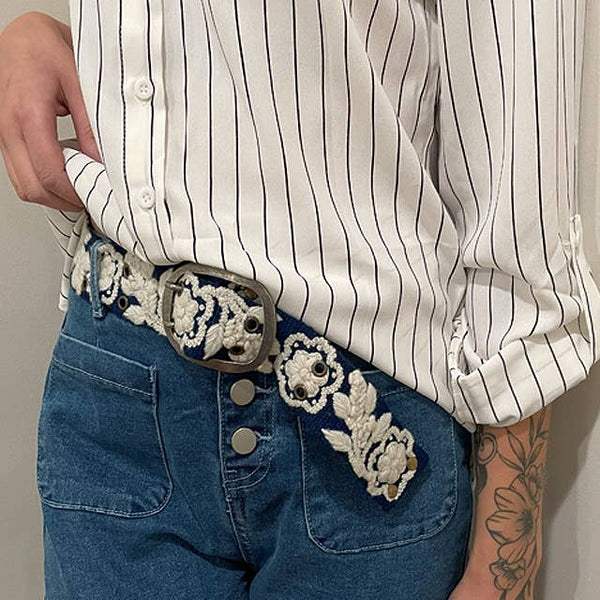 Two-Tone Embroidered Wool Belt, Blue/Cream: M