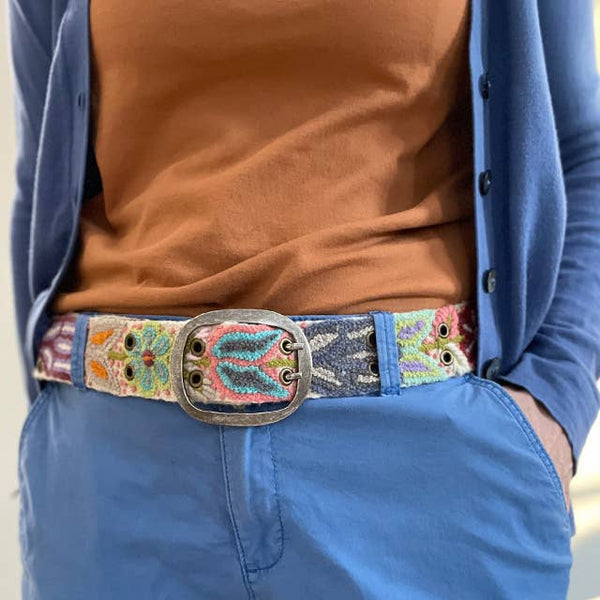 Floral Embroidered Wool Belt, Cream: L