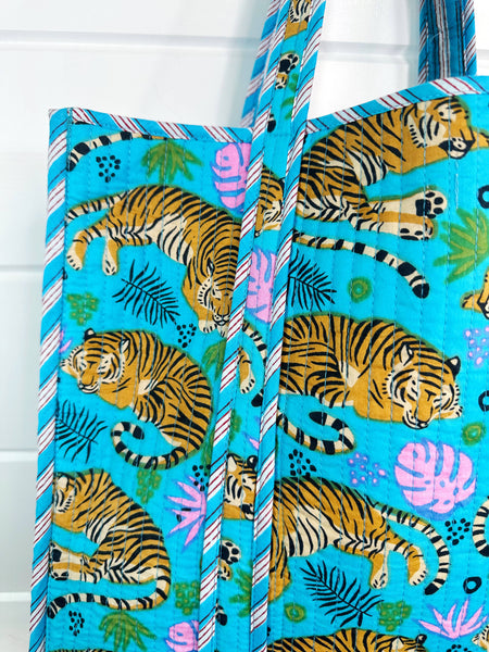 Quilted Tote Bag | Aqua Tiger Tote | Large Shopping Tote Bag