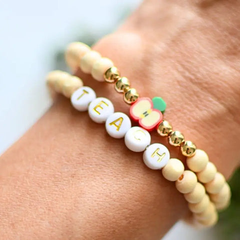 Natural Wood Bead Teacher Apple Charm Bracelet Stack with CARD