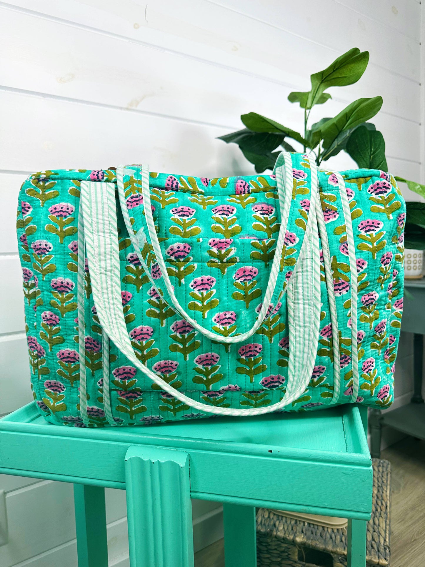 Aqua Floral Print Weekender Overnight Travel Bag -