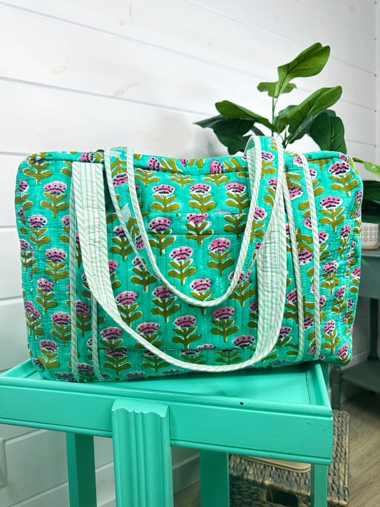 Aqua Floral Print Weekender Overnight Travel Bag -