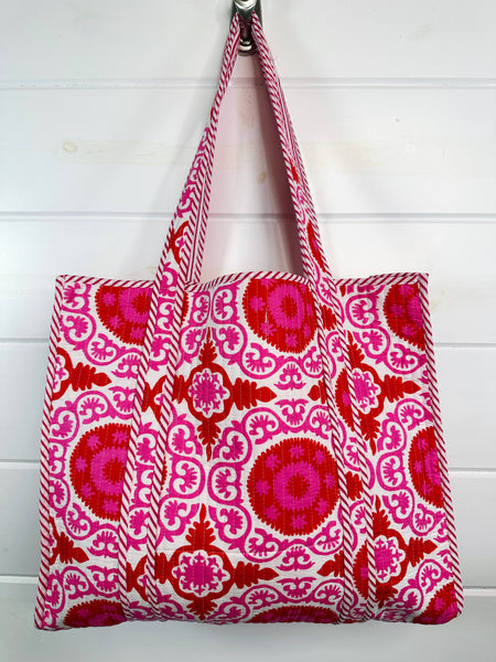 Pink Red -Cotton Quilted Tote Bag Block Print Beach Bags -