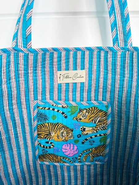 Quilted Tote Bag | Aqua Tiger Tote | Large Shopping Tote Bag