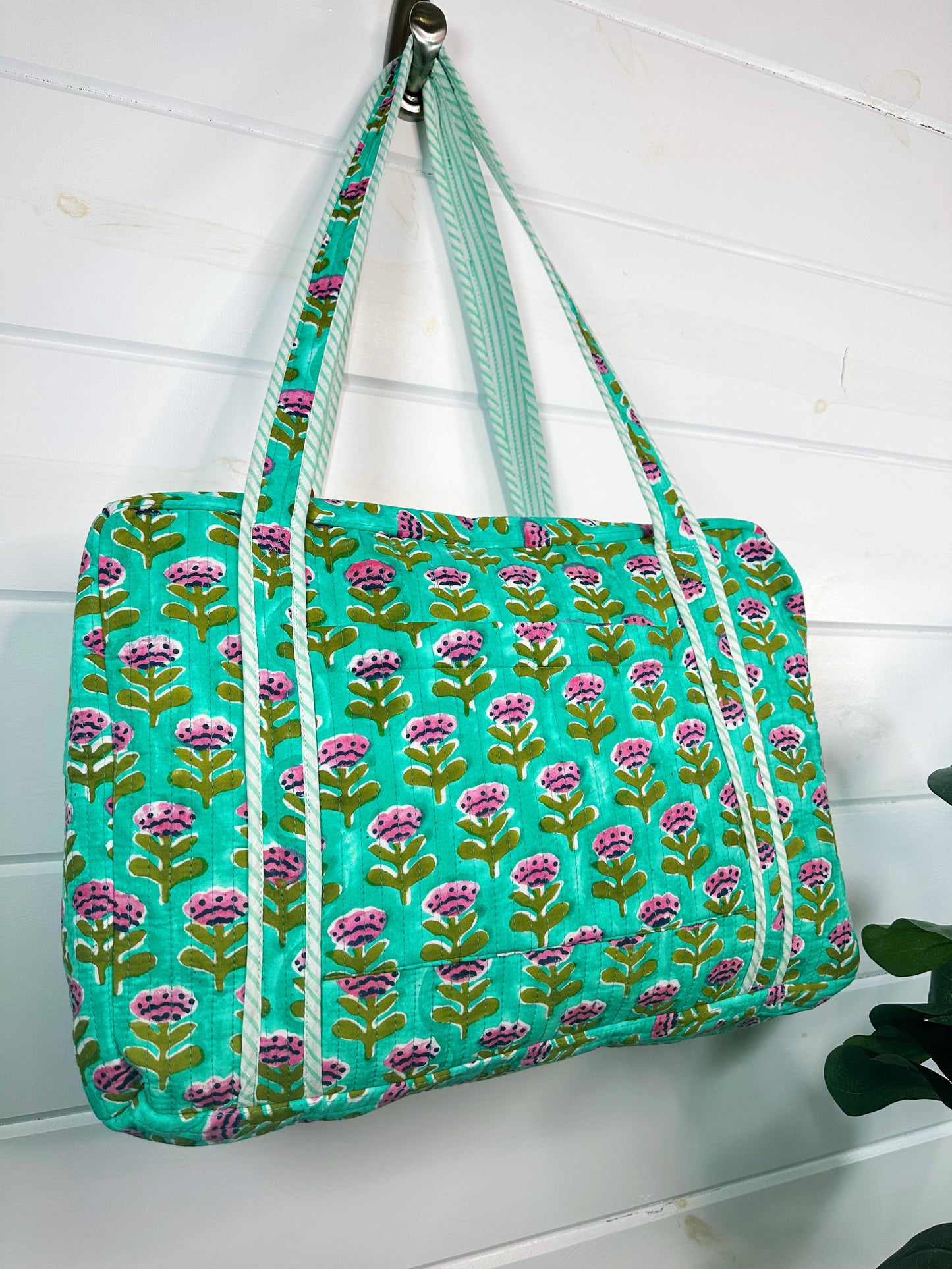 Aqua Floral Print Weekender Overnight Travel Bag -