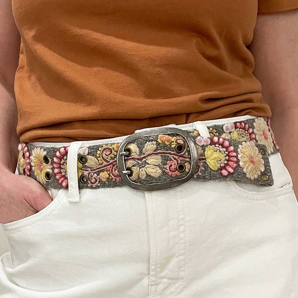 Floral Embroidered Wool Belt - Small Heather Gray