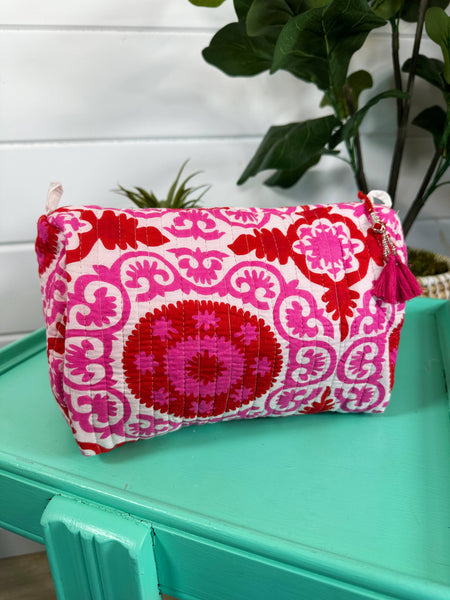 Pink Red - Quilted Makeup Bags Travel Cosmetic Toiletry Bag