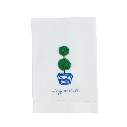 Stay Awhile Boxwood Embroidered Towel