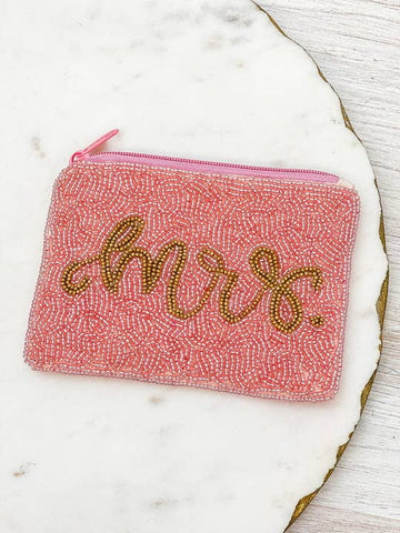 'Mrs' Gold/Pink Beaded Zip Pouch