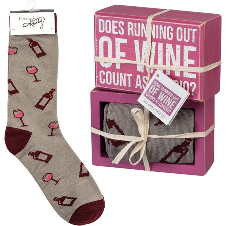 Does Running Out of Wine Count as Cardio- Box Sign & Sock Set