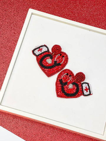 Healthcare Love Beaded Statement Earrings - Red