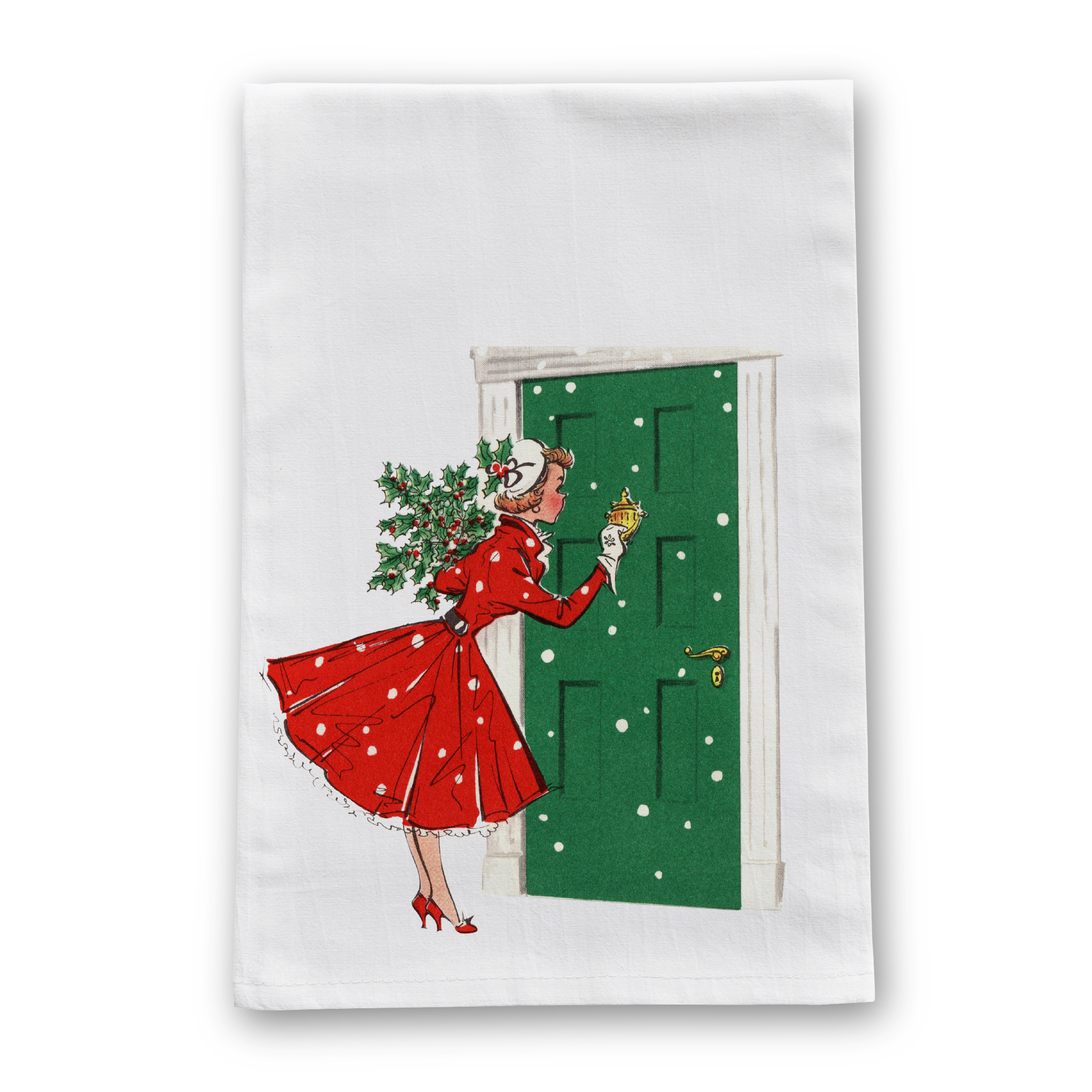 Knocking Woman Vintage Retro Christmas Tea Towel