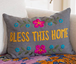 Hand Embroidered Bless Home Pillow