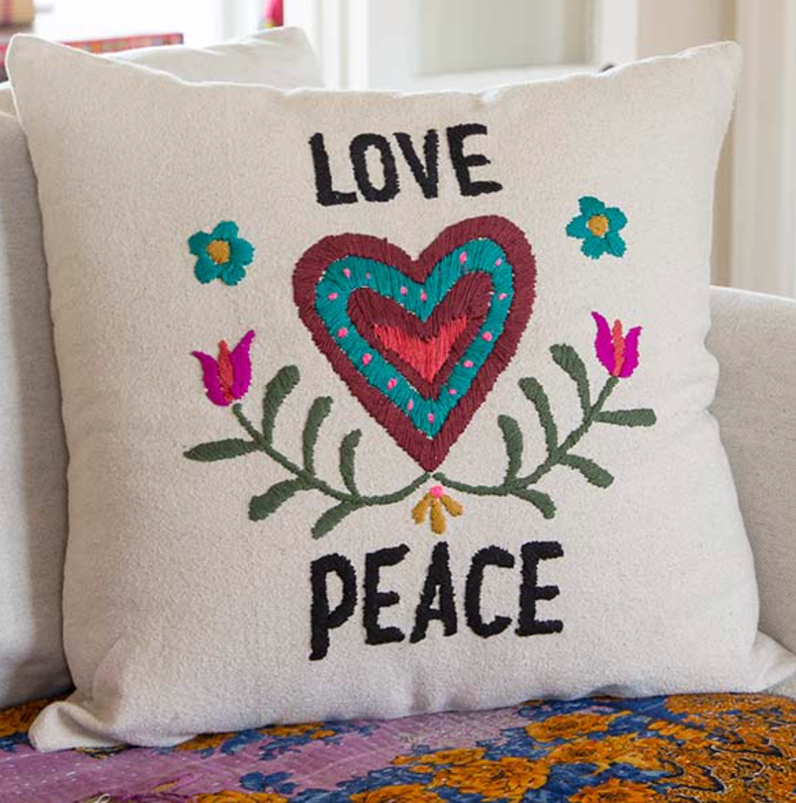 Love and Peace Hand Embroidered Pillow