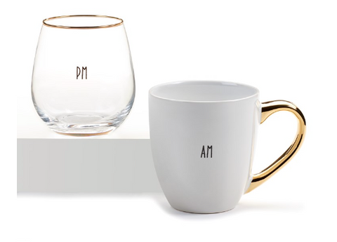 White AM Mug & Stemless PM Wine Glass Set