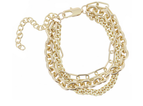 3 STRAND, GOLD CURB CHAIN, PAPERCLIP CHAIN, CHUNKY CABLE CHAIN BRACELET